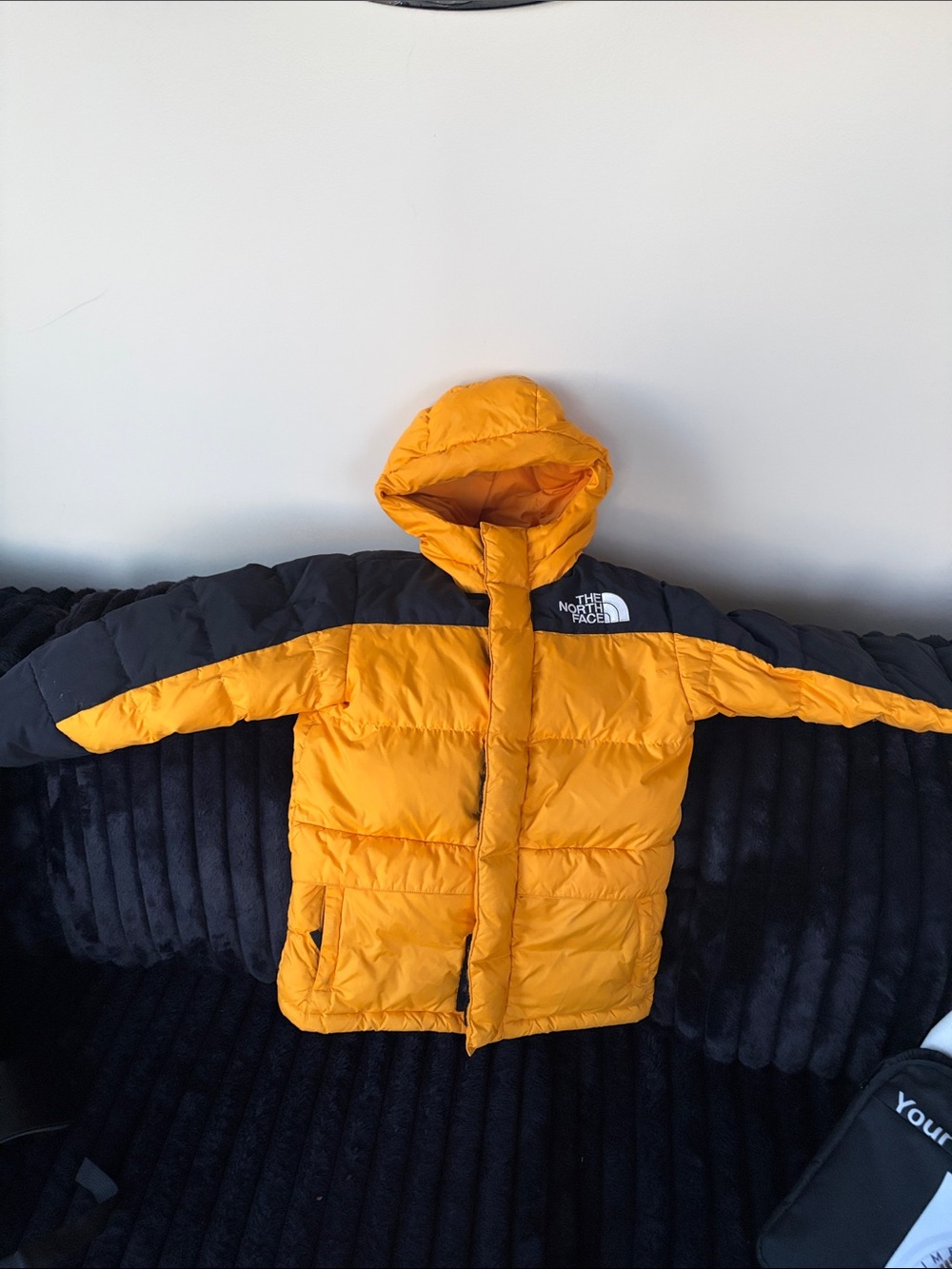 The North Face Yellow and Black Hooded Puffer